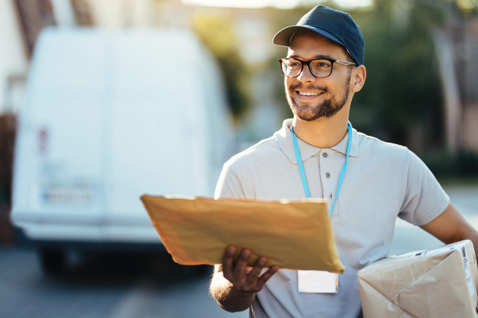 A man holding an envelope and smiling.